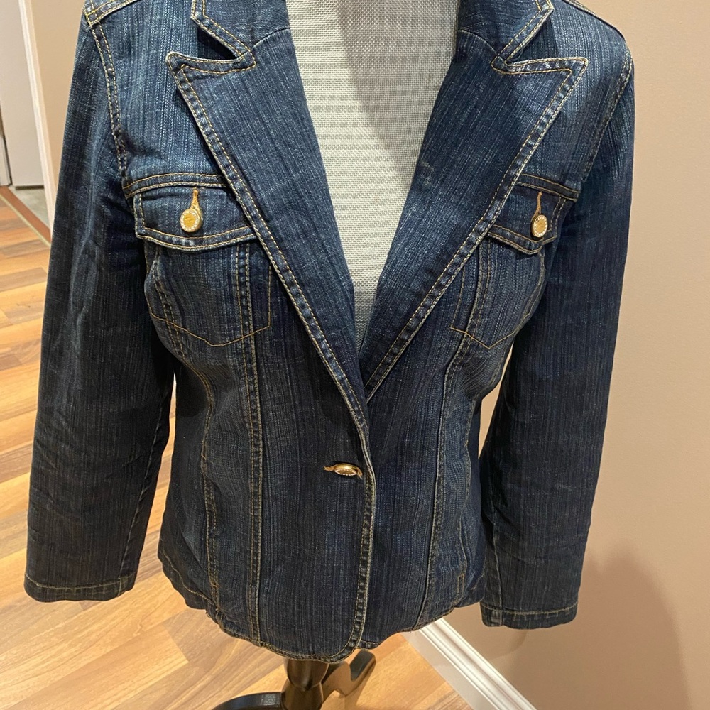 Gloria Vanderbilt Dark Blue Denim Blazer Jacket with Gold Buttons and sparkle